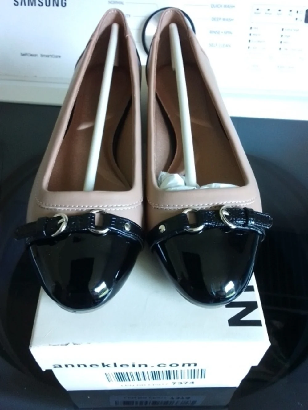 Anne Klein Two-Tone Nude and Black Patent Cap Toe Ballet Flats
